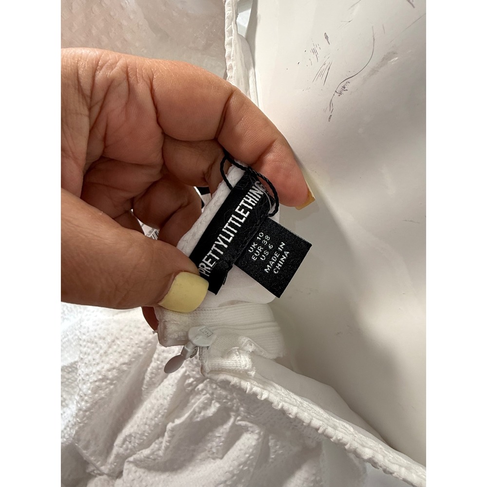 Prettylittlething White Off Shoulder Tiered Mini Dress Structured Bust Peplum 6 - Picture 10 of 10